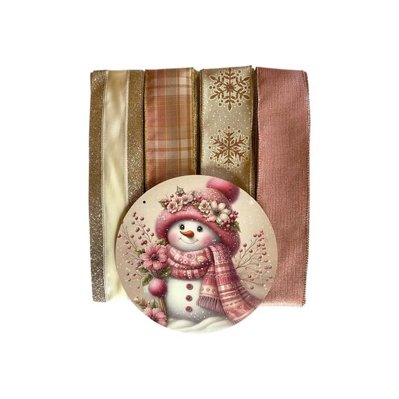 Blush Pink Snowman Sign & Ribbon Bundle | Winter Christmas Wreath Kit DIY Set - Picture 1 of 7